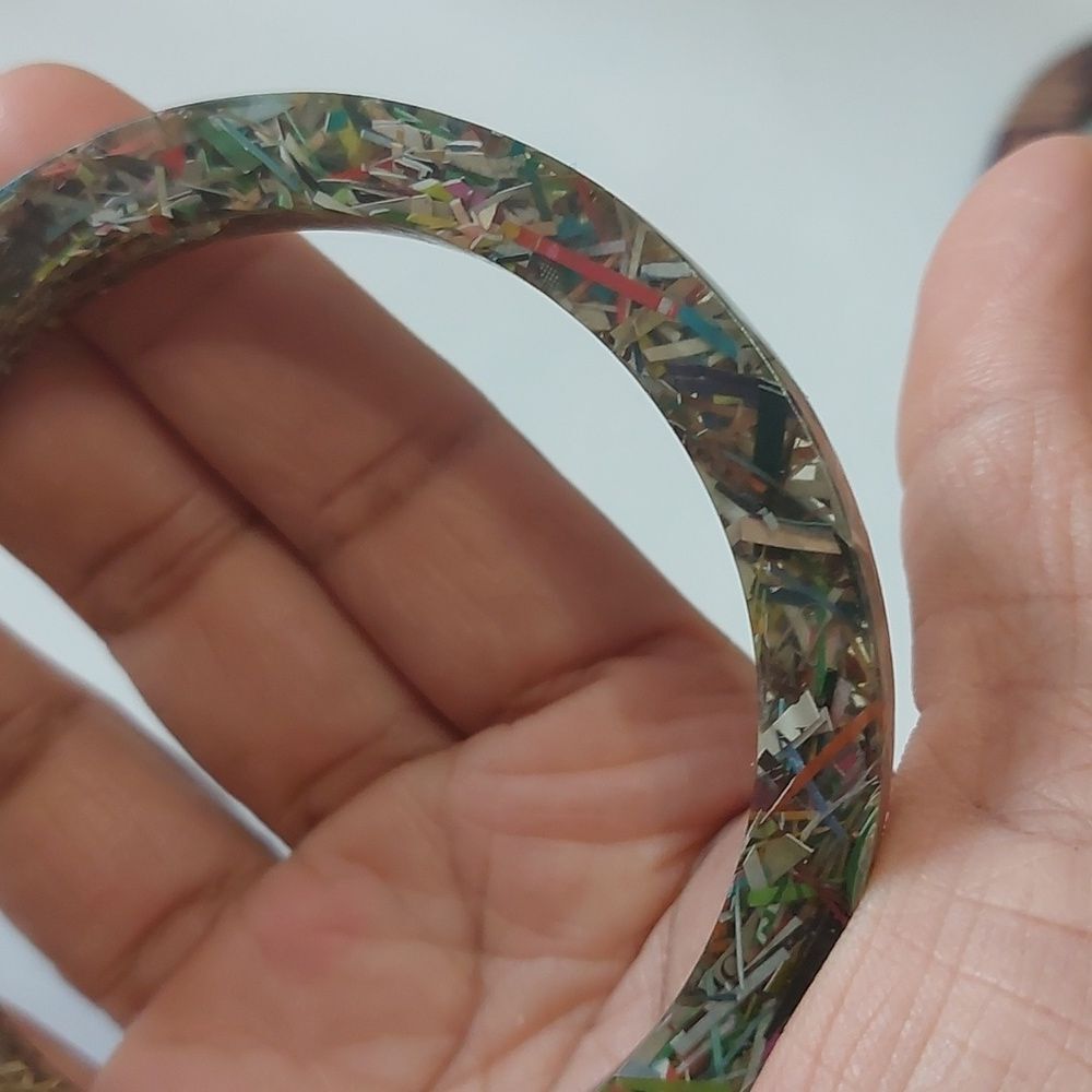 OOAK Magazine Paper Confetti Acrylic Resin Bangle Bracelet Unique One of A Kind - Picture 2 of 5